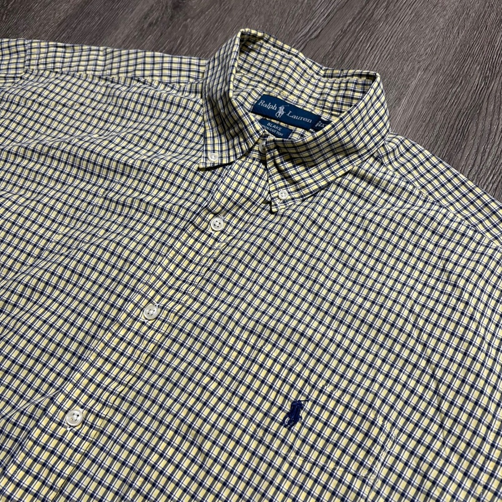 Ralph Lauren Button Down Shirt XL Yellow Plaid Short Sleeve Blake Cotton